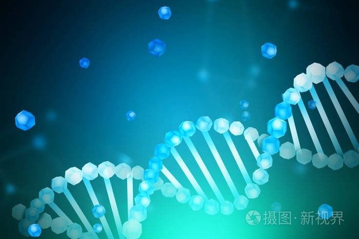 蓝色白色对角 dna 螺旋与它的部分散落在蓝色绿色模糊背景.生物技术,