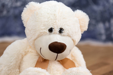 微笑的泰迪熊玩具坐在地上