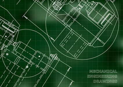 机械工程制图。蓝图。力学。覆盖。工程设计仪器仪表。绿色背景。网 格