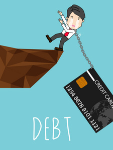 信用卡债务被绑在脖子上, 员工们都跌到悬崖上。卡通矢量插画