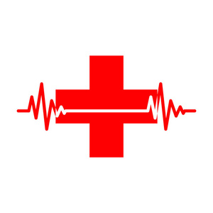 医疗十字与心跳图标的扁平风格。矢量插图。红色医学符号隔离