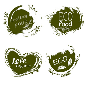 设置徽标图标设计元素。天然食品, 有机食品, 素食食品。健康食品标签。涂鸦徽标。手绘生物