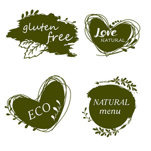 餐厅包装广告菜单的矢量插图。设置徽标图标设计元素。天然食品, 有机食品, 素食食品。健康食品标签。涂鸦徽标。手绘。生物