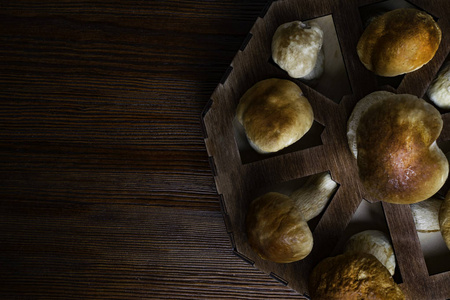秋临选菇在木箱 Ceps 单面, 木制深色背景, 紧贴木制餐桌。烹饪美味的有机蘑菇。美食食品