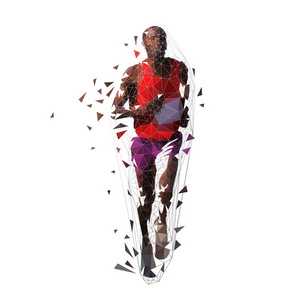 马拉松赛跑者, 低多边形向量例证。几何非洲裔美国人赛跑的人, 前面看法