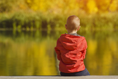 穿红夹克的男孩坐在码头上的叶子。秋天, 阳光明媚。后退视图