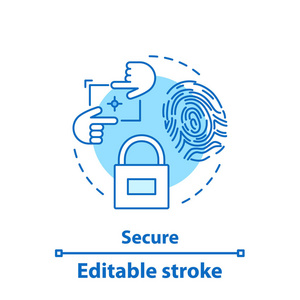 安全概念图标, 生物特征识别和授权理念细线插图