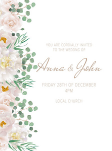 带白玫瑰和白牡丹的贺卡.可作为婚宴,生日等节日请柬.