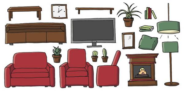 室内装修元素的收集和室内装饰矢量插图在白色背景下被隔离照片