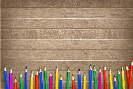 彩色铅笔的木质背景。矢量插图