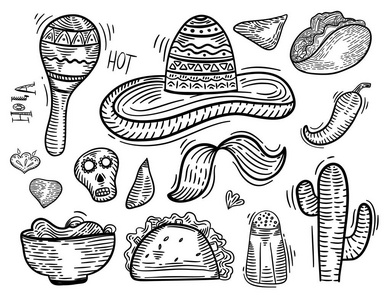 墨西哥素描风格的图标设置与辣椒, 草帽, 玉米卷, 玉米饼, 玉米饼的横幅, 菜单, 促销