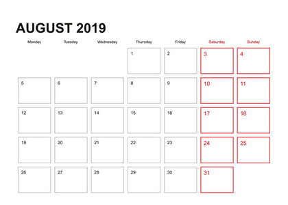 2019年8月的墙上计划者在英语语言, 星期开始在星期一