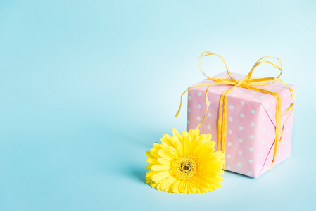 粉色点缀礼品盒和黄太阳菊朵在蓝色的背景