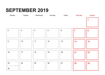 2019年9月的墙上计划者在英语语言, 星期开始在星期一