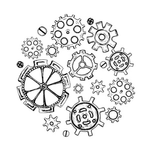 草案齿轮一套手拉齿轮.机械素描概念照片