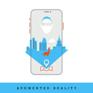 智能手机和城市与增强现实, 平面设计和细线风格的矢量插图孤立的白色。虚拟现实, 虚拟眼镜游戏玩家