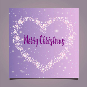 圣诞贺卡与一个平面设计的粉红色梯度背景与花卉心脏框架。美丽的明信片布局
