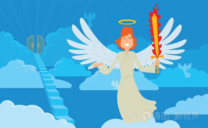 天堂背景红色头发的男性天使插画-正版商用图片0sus9q-摄图新视界