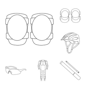 自行车装备轮廓图标集集合中的设计。自行车和工具矢量符号库存 web 插图