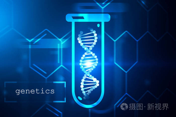 蓝色dna 螺旋在测试管在深蓝色背景与碳原子网格和文本遗传学在左角落