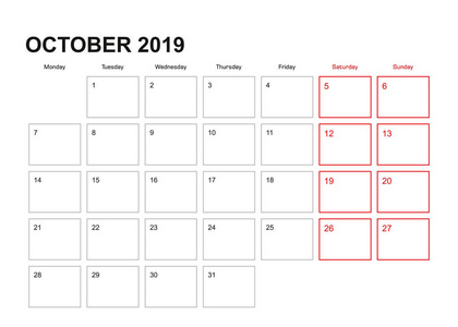 2019年10月的墙上计划者在英语语言, 星期开始在星期一