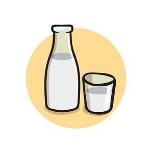 一瓶牛奶和一杯玻璃。平面矢量图。在白色背景上被隔离