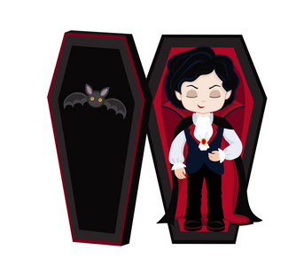 可爱的卡通可爱吸血鬼男孩睡在他的棺材照片