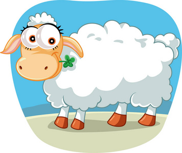 可爱的绵羊咀嚼幸运的三叶草卡通插图照片