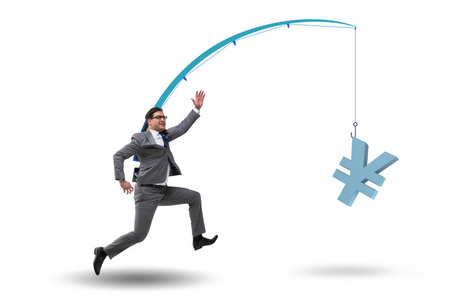 生意人追逐金钱在钓鱼竿照片