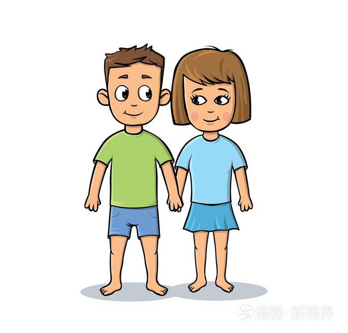 快乐的年轻卡通夫妇牵着手.学生夫妇.平面矢量图.在白色背景上被隔离