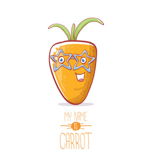 矢量滑稽卡通可爱的胡萝卜字符在白色背景下隔离。我的名字是胡萝卜矢量概念插图。时髦的秋天菜食物字符
