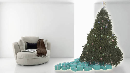 现代明亮内饰公寓客厅与圣诞树3d 渲染插图