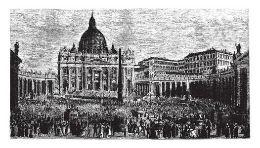 圣彼得和梵蒂冈是梵蒂冈最著名的建筑, 老式线条画或雕刻插图