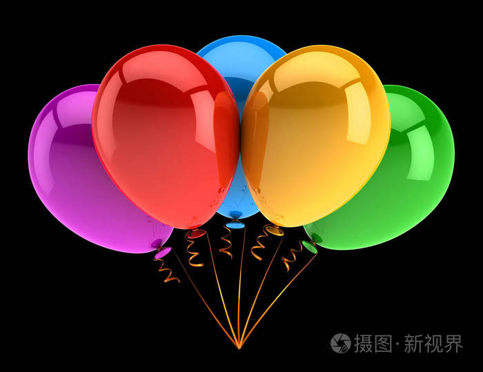 生日装饰多彩多姿, 氦气球束红黄蓝绿.狂欢节庆祝标志.