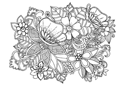 热带的野生动物.花朵和蝴蝶在黑色的线条在白色背景上照片