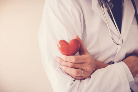 医生持有红色心脏, 心脏健康概念