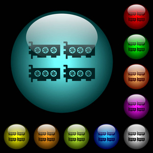Cryptocoin 在黑色背景下, 在彩色照明球形玻璃按钮上挖掘场图标。可用于黑色或深色模板