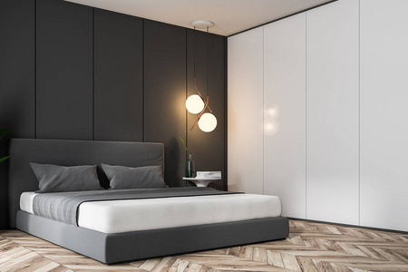 豪华卧室内有灰色和白色的面板墙, 一层木地板和一张带灰色盖子的双人床。3d 渲染复制空间