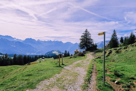 路径在瑞士阿尔卑斯导致 Leistchamm 在 Churfirst 山在 Toggenburg