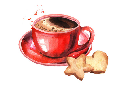 手绘曲奇红杯咖啡和圣诞曲奇.水彩手绘插图被隔离在白色背景上照片