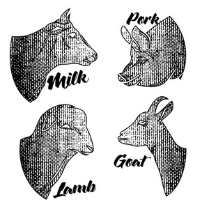农场动物的头图标集。的标志和标签集合