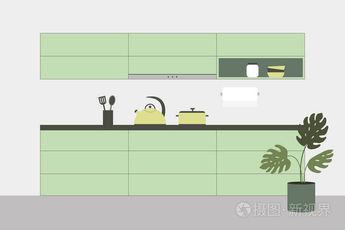 现代新的室内照明厨房与绿色家具和厨具。平面式矢量图