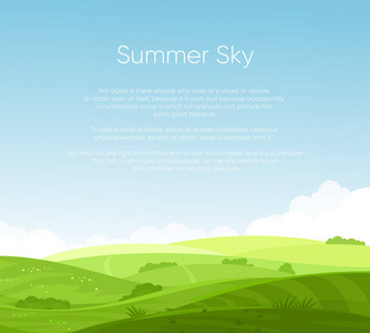 田野的矢量插画与美丽的黎明, 绿色的山丘, 明亮的色彩蓝天与地方为您的文本, 背景在平面卡通风格