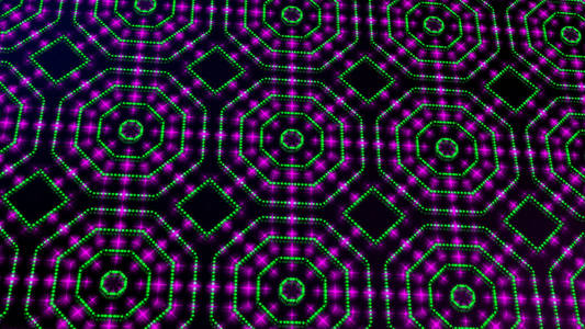 动画光闪耀绿色和粉红色的点和星星方形的形状。明亮的闪亮的彩色点和星与3d 相机运动。具有霓虹灯星形和点效应的抽象背景