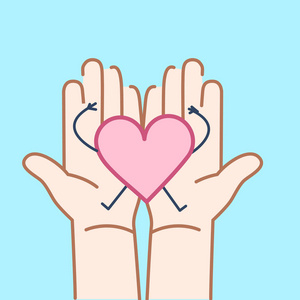 蓝色扁平化背景在蓝色背景下小心握住两只手的心照片