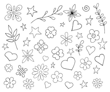 一套不同的花卉, 植物, 心。涂鸦风格中的矢量插画
