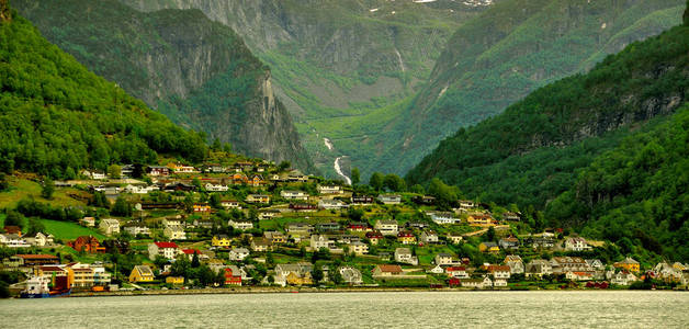 Sognefjord 峡湾通过著名的火焰镇著名的风景和它的旅游火车