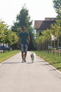 年轻人走犬在户外中夏公园