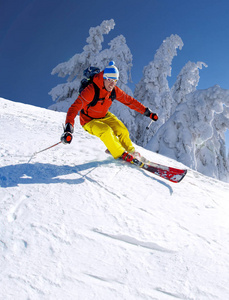 在蓝天的衬托高山滑雪的滑雪者
