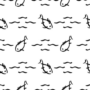 平单色矢量无缝海鱼素描图案。纺织面料夏季图案。可爱的涂鸦模式与水下海洋生物。矢量插画天真元素野生动物航海饰品